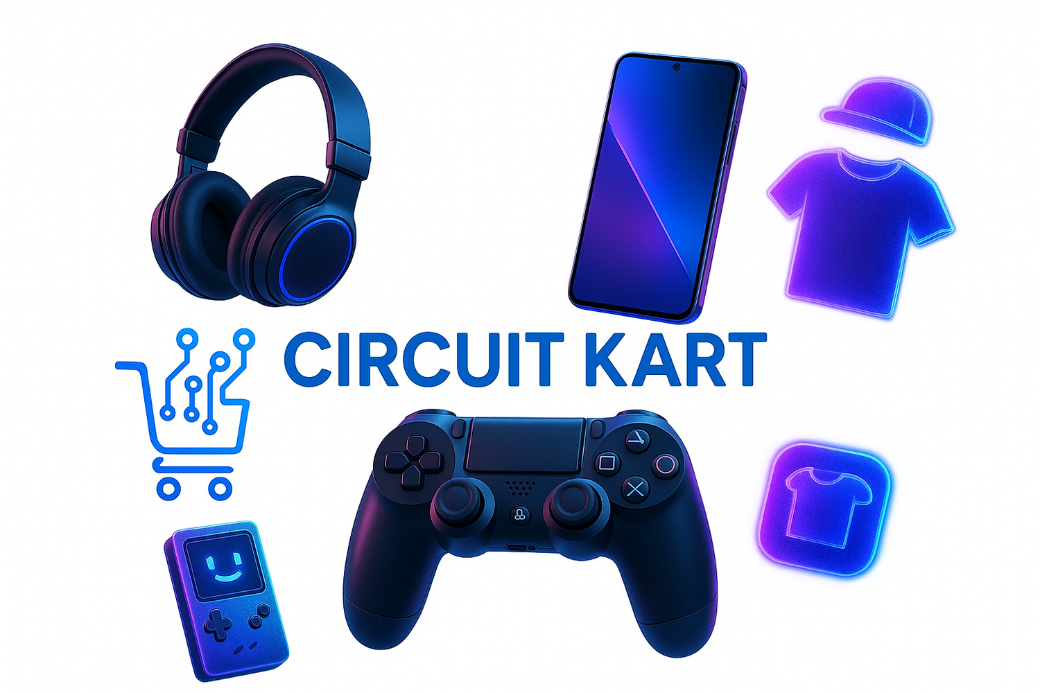 Gaming accessories and merchandise with 'Circuit Kart' branding on a white background